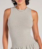 Step into seasonal chic with the Weekend Feeling Sleeveless Bubble Hem Mini Dress, a heather gray mini dress featuring an above-the-knee cut ideal for cocktail parties, festive gatherings, or clubwear.
