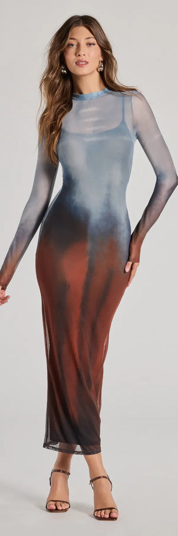 The Sultry Silhouette Abstract Print Mesh Midi Dress in blue is a women's workwear essential with an elevated fabric and chic silhouette, ideal for layering and versatile enough to take your look from office chic to going-out ready!