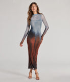 The Sultry Silhouette Abstract Print Mesh Midi Dress in blue is a women's workwear essential with an elevated fabric and chic silhouette, ideal for layering and versatile enough to take your look from office chic to going-out ready!