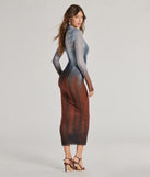 The Sultry Silhouette Abstract Print Mesh Midi Dress in blue is a women's workwear piece offering a trendy style and unique accents, perfect for effortlessly creating an outfit-of-the-day look that transitions your office look to going-out ready.