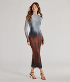 The Sultry Silhouette Abstract Print Mesh Midi Dress in blue is a women's workwear piece offering a trendy style and unique accents, perfect for effortlessly creating an outfit-of-the-day look that transitions your office look to going-out ready.