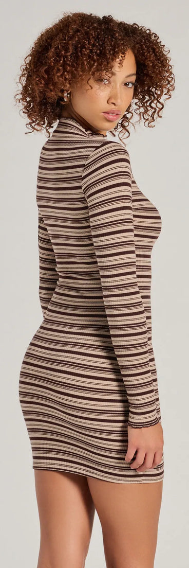 Whether you're headed to brunch or running errands, the Cozy Style Vibe Striped Knit Long Sleeve Mini Dress in brown delivers effortless style in a breathable, go-to casual dress.