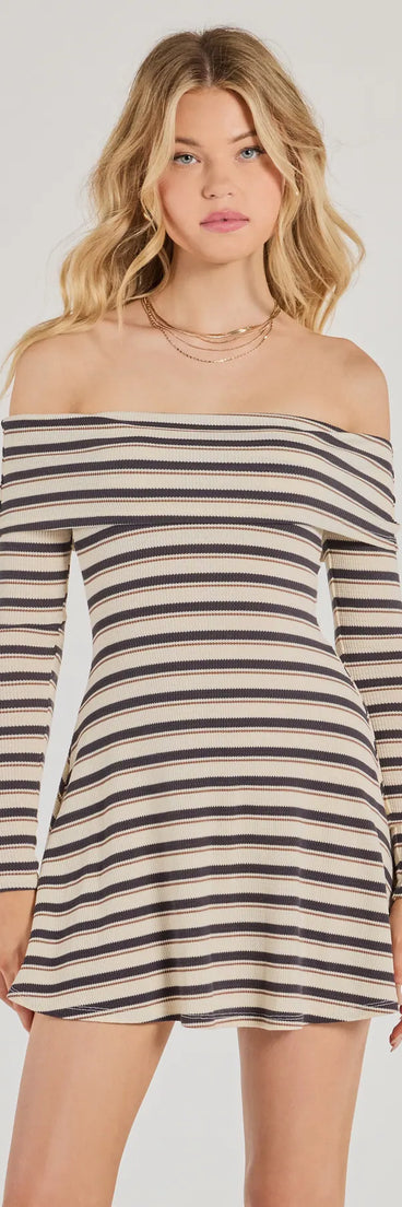 The Cozy Flair Striped Knit Off-The-Shoulder Mini Dress is your new go-to ivory dress—effortless, versatile, and made to update your fall style in seconds.
