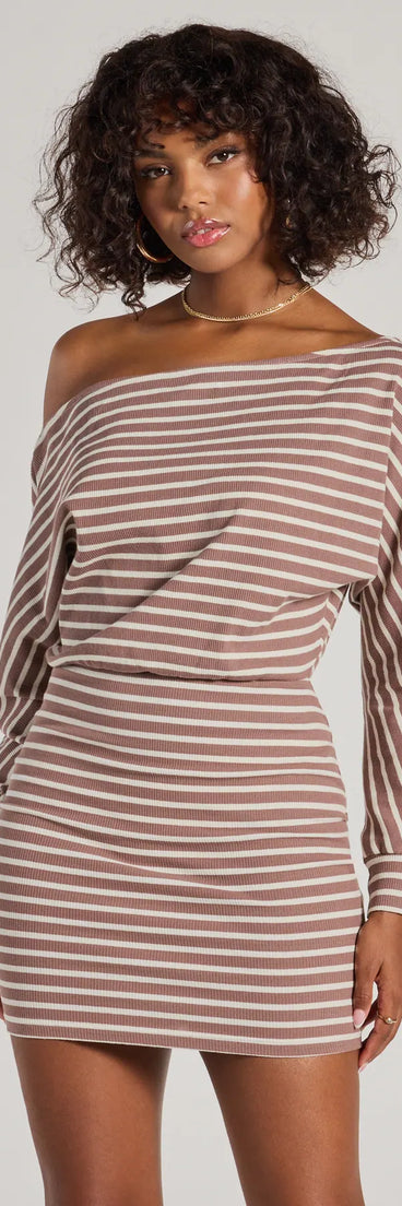 The Stripes In Style Off The Shoulder Mini Dress offers a versatile winter style, with a cozy sweater knit perfect for office wear, casual day outings, or layered winter outfits.