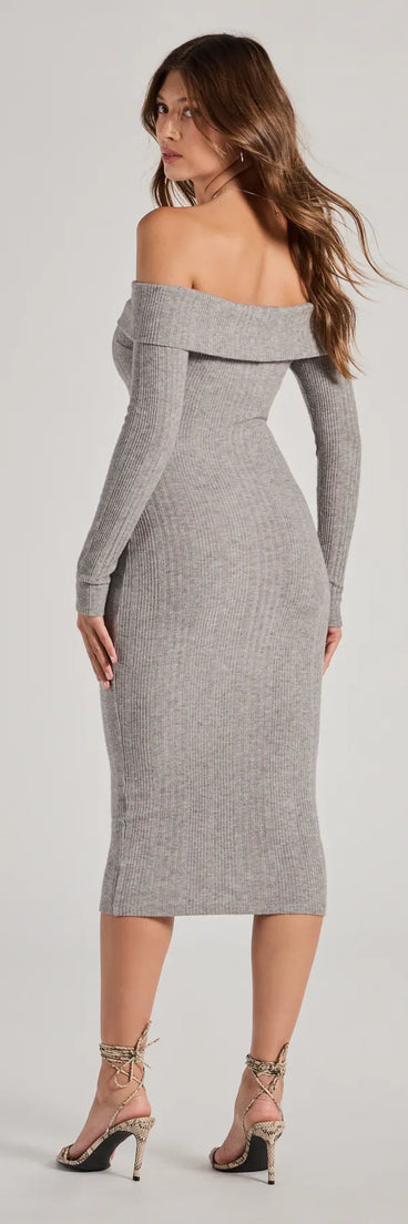 Whether you're headed to brunch or running errands, the Perfect Curves Ribbed Knit Off-The-Shoulder Midi Dress in heather gray delivers effortless style in a breathable, go-to casual dress.