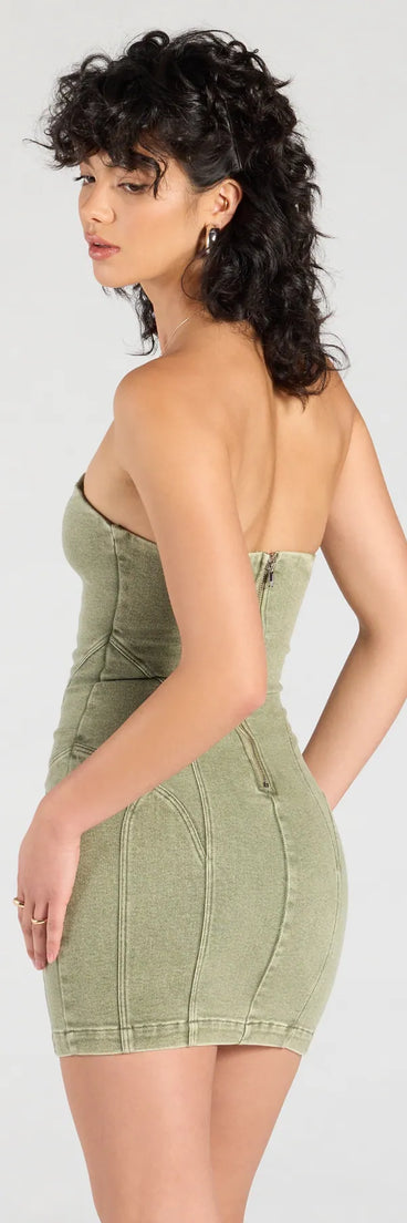 Whether you're headed to brunch or running errands, the Denim Darling Strapless Bodycon Mini Dress in olive green delivers effortless style in a breathable, go-to casual dress.