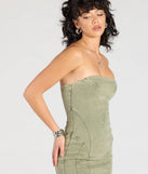 Flaunt your silhouette in the tight Denim Darling Strapless Bodycon Mini Dress in olive green, a bodycon dress that empowers your look with bold style and effortless edge.