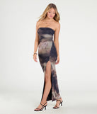 Make a bold statement in the Day To Night Strapless Abstract Slit Maxi Dress in black, the perfect spring dress for weddings, cocktail hours, nights out, and/or seasonal celebrations.