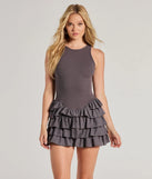 Here To Flirt Drop Waist Ruffled Skater Dress, a trendy charcoal mini dress featuring modern details and a fresh seasonal hue, perfect for creating chic 2025 looks.