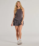 Make a bold statement in the Here To Flirt Drop Waist Ruffled Skater Dress in charcoal, the perfect spring dress for weddings, cocktail hours, nights out, and/or seasonal celebrations.
