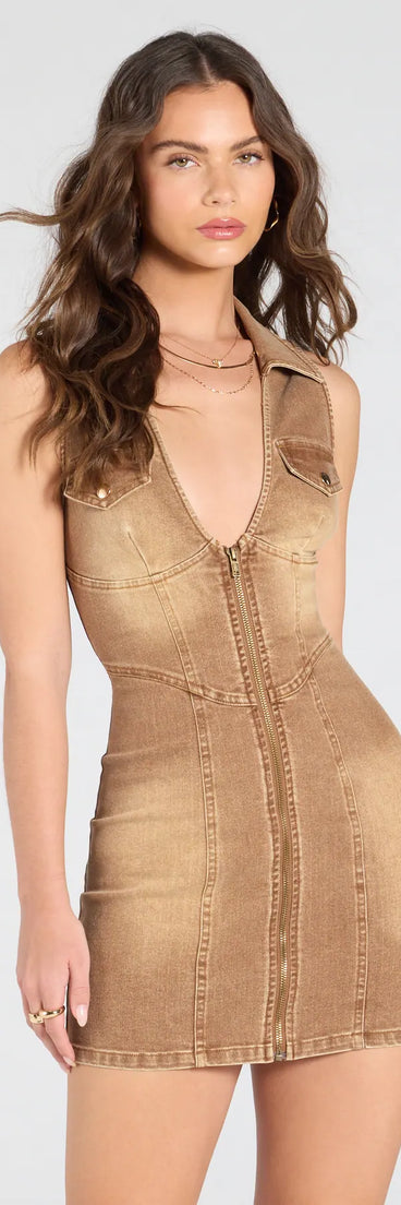 Style In Stride V-Neck Collar Denim Mini Dress In Olive | Size: XS | Windsor Style In Stride V-Neck Collar Denim Mini Dress In Olive | Size: XS | Windsor
