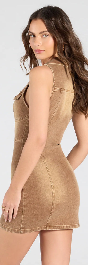 Flaunt your silhouette in the tight Style In Stride V-Neck Collar Denim Mini Dress in brown, a bodycon dress that empowers your look with bold style and effortless edge.