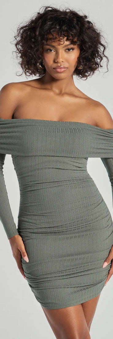 Flawless Style Knit Off-The-Shoulder Long Sleeve Mini Dress, a trendy olive green mini dress featuring modern details and a fresh seasonal hue, perfect for creating chic 2025 looks.