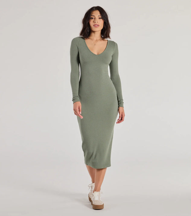 The Casual Chic Style Long Sleeve Ribbed Knit Midi Dress offers a versatile spring style, with a cozy sweater knit perfect for office wear, casual day outings, or layered outfits.
