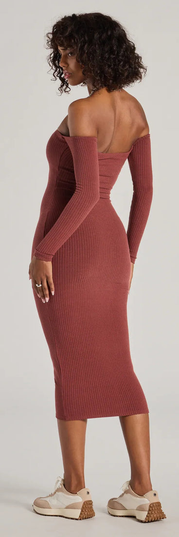 Carefree Chic Long Sleeve Ribbed Knit Midi Dress in dark marsala , a stylish red dress with a flattering fit and fabric that adds allure to your look, perfect for wedding guest attire, cocktail events, or making a bold statement on a date night.