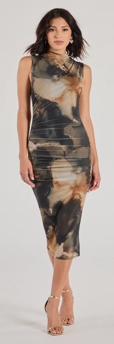 Celebrate the special day in the Chic Night Out Abstract Print Mesh Midi Dress, a olive green country wedding guest dress with soft, romantic details that blend charm and sophistication.