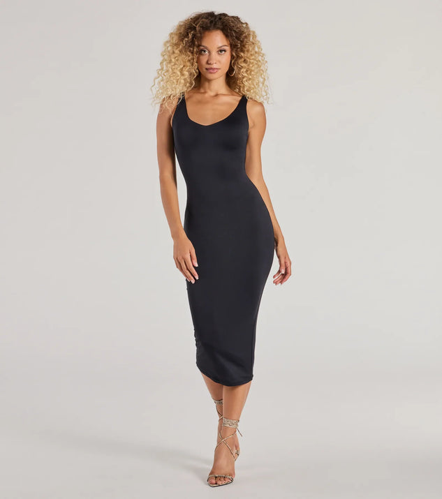 With its mid-calf hem and popular flattering fit, the Gorgeous Silhouette Sleeveless Bodycon Midi Dress in black nails the balance of trend and ease, redefining go-to midi dresses for any occasion.