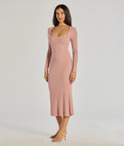 Make a bold statement in the Basic Cutie Long Sleeve Knit Midi Dress in mauve, the perfect spring dress for weddings, cocktail hours, nights out, and/or seasonal celebrations.