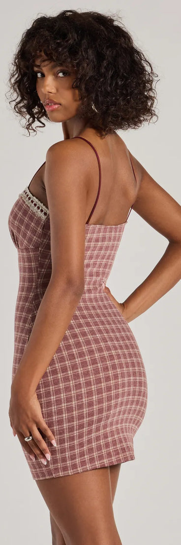 Flirty Silhouette Lace Trim Plaid Mini Dress in burgundy , a stylish red dress with a flattering fit and fabric that adds allure to your look, perfect for wedding guest attire, cocktail events, or making a bold statement on a date night.