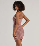 Flirty Silhouette Lace Trim Plaid Mini Dress in burgundy , a stylish red dress with a flattering fit and fabric that adds allure to your look, perfect for wedding guest attire, cocktail events, or making a bold statement on a date night.
