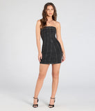 Make a bold statement in the Stylish Jeanius Strapless Denim Mini Dress in black, the perfect spring dress for weddings, cocktail hours, nights out, and/or seasonal celebrations.