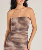 Make a bold statement in the Mesmerizing Glam Abstract Ruched Midi Dress in taupe, the perfect summer dress for weddings, cocktail hours, nights out, and/or seasonal celebrations.