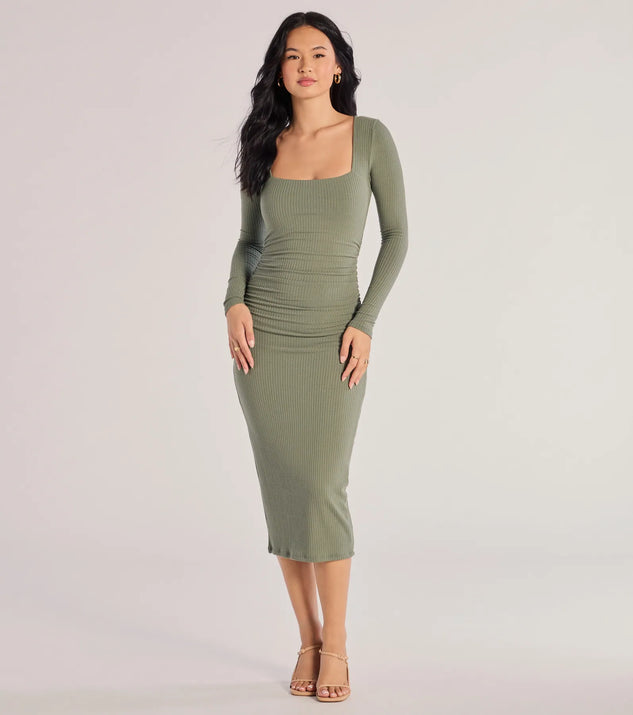With its mid-calf hem and popular flattering fit, the Always A Good Time Long Sleeve Midi Dress in olive green nails the balance of trend and ease, redefining go-to midi dresses for any occasion.