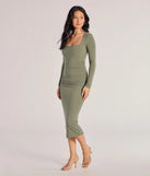 Flaunt your silhouette in the tight Always A Good Time Long Sleeve Midi Dress in olive green, a bodycon dress that empowers your look with bold style and effortless edge.