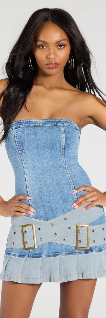 Make a bold statement in the Trend Moment Denim Belted Pleat Mini Dress in denim blue, the perfect summer dress for weddings, cocktail hours, nights out, and/or seasonal celebrations.
