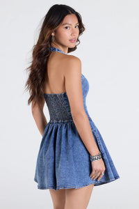 Darling Charm Halter Pleated Denim Skater Dress