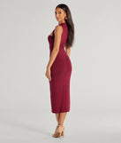 Flaunt your silhouette in the tight Serving Sleek Square Neck Bodycon Midi Dress in burgundy, a bodycon dress that empowers your look with bold style and effortless edge.