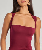 Make a bold statement in the Serving Sleek Square Neck Bodycon Midi Dress in burgundy, the perfect spring dress for weddings, cocktail hours, nights out, and/or seasonal celebrations.