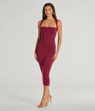 With its mid-calf hem and popular flattering fit, the Serving Sleek Square Neck Bodycon Midi Dress in burgundy nails the balance of trend and ease, redefining go-to midi dresses for any occasion.