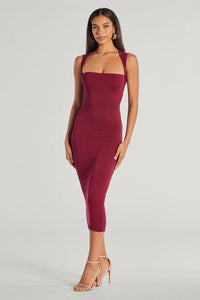 dark red fitted dress with square neckline Georgia Square Neckline Midi Dress Red