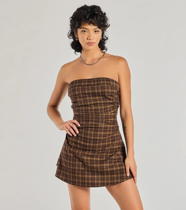 Cute In Plaid Strapless Plaid A-Line Mini Dress, a trendy brown mini dress featuring modern details and a fresh seasonal hue, perfect for creating chic 2025 looks.