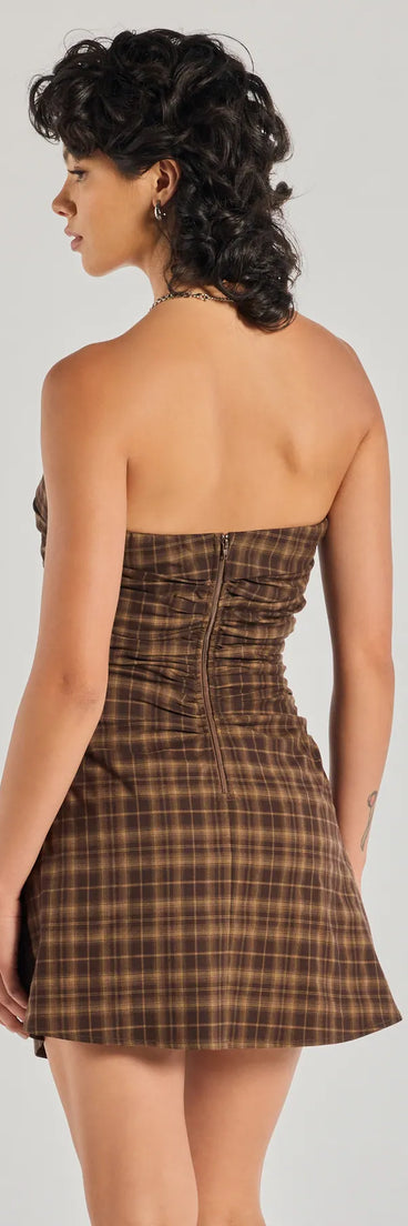 Cute In Plaid Strapless Plaid A-Line Mini Dress, a trendy brown mini dress featuring modern details and a fresh seasonal hue, perfect for creating chic 2025 looks.