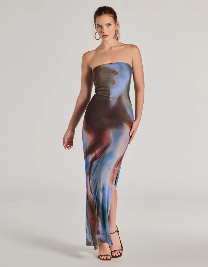 Windsor strapless abstract print mesh maxi dress with high side slit