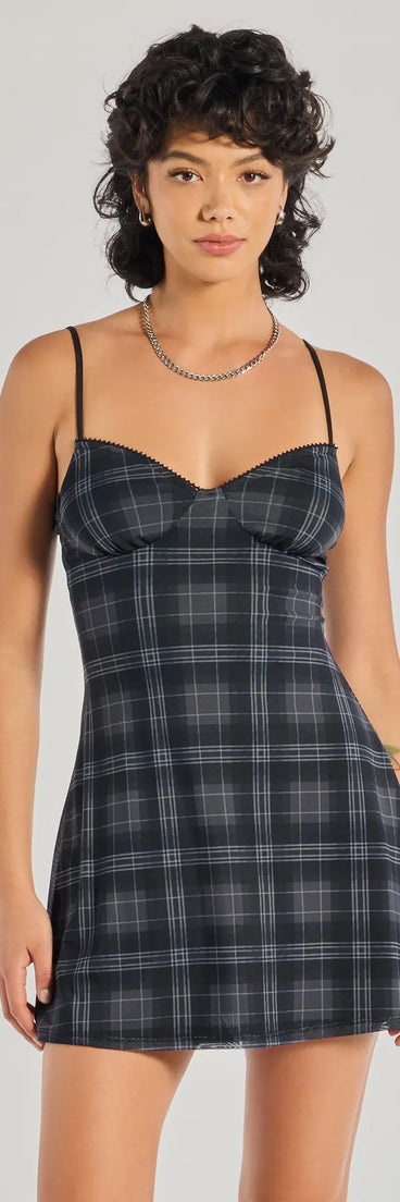 Plaid Mood Sleeveless A-Line Mini Dress, a trendy black mini dress featuring modern details and a fresh seasonal hue, perfect for creating chic 2025 looks.