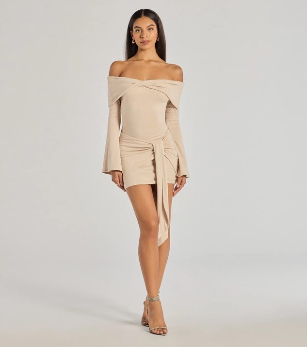 soft knit mini dress Flirty Twist Off-The-Shoulder Soft Knit Mini Dress