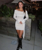 Make a bold statement in the Flirty Twist Off-The-Shoulder Soft Knit Mini Dress in natural, the perfect spring dress for weddings, cocktail hours, nights out, and/or seasonal celebrations.
