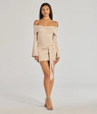 Make a bold statement in the Flirty Twist Off-The-Shoulder Soft Knit Mini Dress in natural, the perfect spring dress for weddings, cocktail hours, nights out, and/or seasonal celebrations.