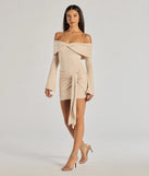 Make a bold statement in the Flirty Twist Off-The-Shoulder Soft Knit Mini Dress in natural, the perfect spring dress for weddings, cocktail hours, nights out, and/or seasonal celebrations.