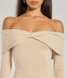 Make a bold statement in the Flirty Twist Off-The-Shoulder Soft Knit Mini Dress in natural, the perfect spring dress for weddings, cocktail hours, nights out, and/or seasonal celebrations.