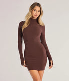 Casual Glam Ribbed Knit Long Sleeve Mini Dress, a trendy brown mini dress featuring modern details and a fresh seasonal hue, perfect for creating chic 2025 looks.