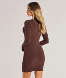 Casual Glam Ribbed Knit Long Sleeve Mini Dress, a trendy brown mini dress featuring modern details and a fresh seasonal hue, perfect for creating chic 2025 looks.