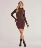 Make a bold statement in the Casual Glam Ribbed Knit Long Sleeve Mini Dress in brown, the perfect spring dress for weddings, cocktail hours, nights out, and/or seasonal celebrations.