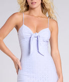 Make a bold statement in the Charming Arrival Tie Front Slit Midi Dress in periwinkle, the perfect summer dress for weddings, cocktail hours, nights out, and/or seasonal celebrations.