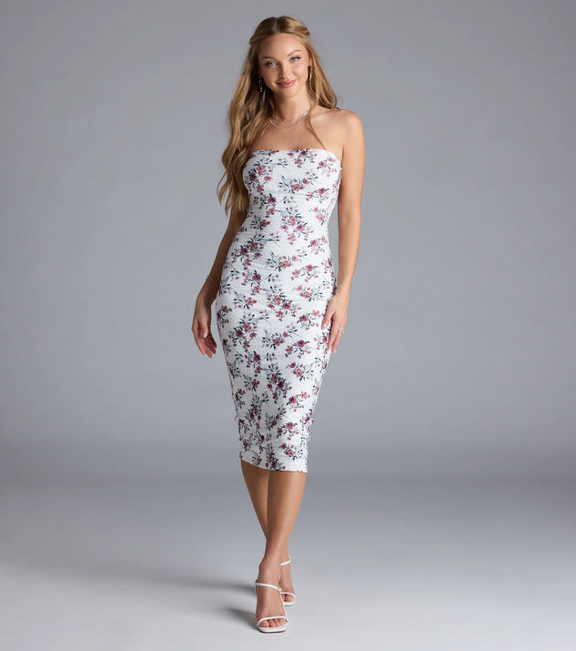 Step into milestone moments with the Blissful Cutie Floral Bodycon Midi Dress, a standout in white dresses perfect for birdal showers, Easter celebrations, and 2025 grad looks.