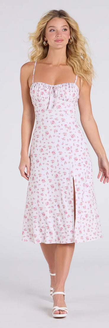 Step into milestone moments with the So Enchanted Floral Slit A-Line Midi Dress, a standout in ivory dresses perfect for birdal showers, Easter celebrations, and 2025 grad looks.
