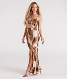 Flaunt your silhouette in the tight Somewhere Tropical V-Neck Cutout Abstract Maxi Dress in brown, a bodycon dress that empowers your look with bold style and effortless edge.